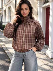 2026 Autumn/Winter New Women's Plaid Zipper Jacket, Jacket Coat, Fashionable Commuter Versatile Style - Rust Brown - View 3