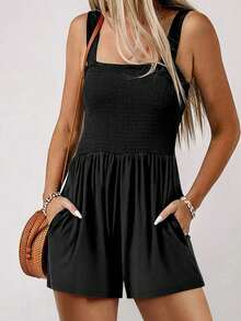 Acelitt Women's Solid Color Square Neck Splicing Casual Romper For Summer Black Elegant - Black - View 2