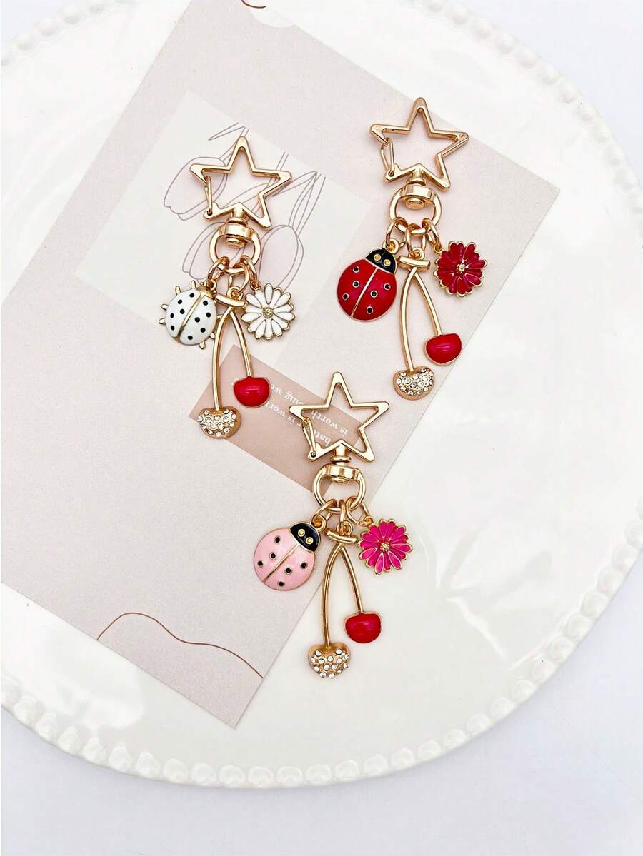 1pc Cute Ladybug Bag Charm, Cherry Keychain, Daisy Pendant Wallet Accessory, Car Key/Phone Charm, Room Decor, Travel Essential Accessory, Christmas Stocking Stuffer Gift For Women, Cute Little Things For Ladies - Multicolor - View 1