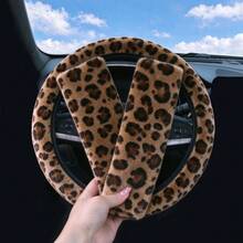 3pcs Fashion Leopard Print Plush Car Steering Wheel Cover & Shoulder Pad Set, Classic Stylish Car Steering Wheel Protector, Women's Car Interior Accessories - A - View 4