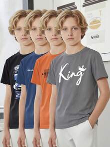Purechapter 4pcs/Set Summer Boys Cartoon Letter Print T-Shirt Set, Casual Lightweight Comfortable Round Neck Short Sleeve T-Shirt, Multi-Color, Suitable For All Seasons - Multicolor - View 8