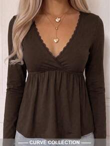 Plus Size SCARLUX Autumn/Winter Y2K Women's Brown V-Neck Long Sleeve Knit Top, Suitable For Back To School, Street, Commute And Comfortable Home Wear - Brown - View 6