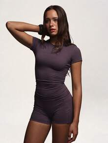 PinkTip Summer Basic Fitness Set, High Waist Summer Clothing Casual And Holiday Essential, Summer Purple Short Sleeve And Purple Shorts Set Sports - Purple - View 3