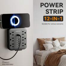 1pc 12-In-1 Power Strip With 4 USB-A Ports, 2 Type-C Ports And 6 AC Outlets. 110V-130V, A-Type Wall Socket, Portable For Home, Office And Travel - US B Type Plug(110-127V) - View 8
