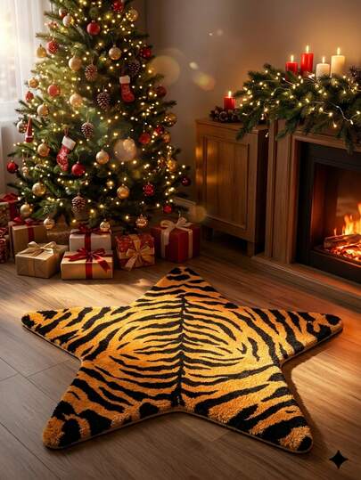 1pc Tiger Stripe Pentagram Shaped Rug, Orange & Black Contrast Wild Animal Pattern Floor Mat, Y2K Millennium Personalized Home Decor Mat, Suitable For Living Room, Entryway, Bedroom, Study, Hallway