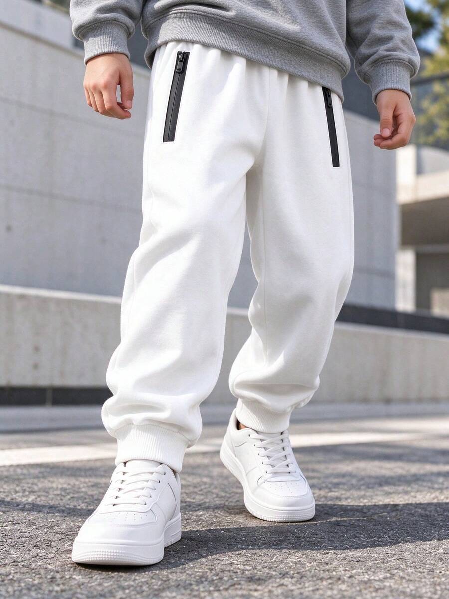 Young Boy Casual Minimalist Versatile Contrast Color Zipper Pocket White Long Pants Suitable For Vacation Travel Sports - White - View 1