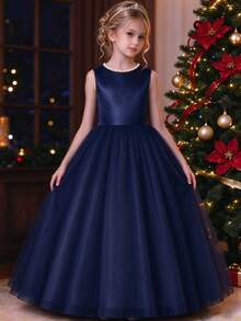 Elegant Tween Girls Flower Girl Bow Pearl Backless Princess Dress Evening Gown Party Wedding Birthday - Navy Blue - View 3