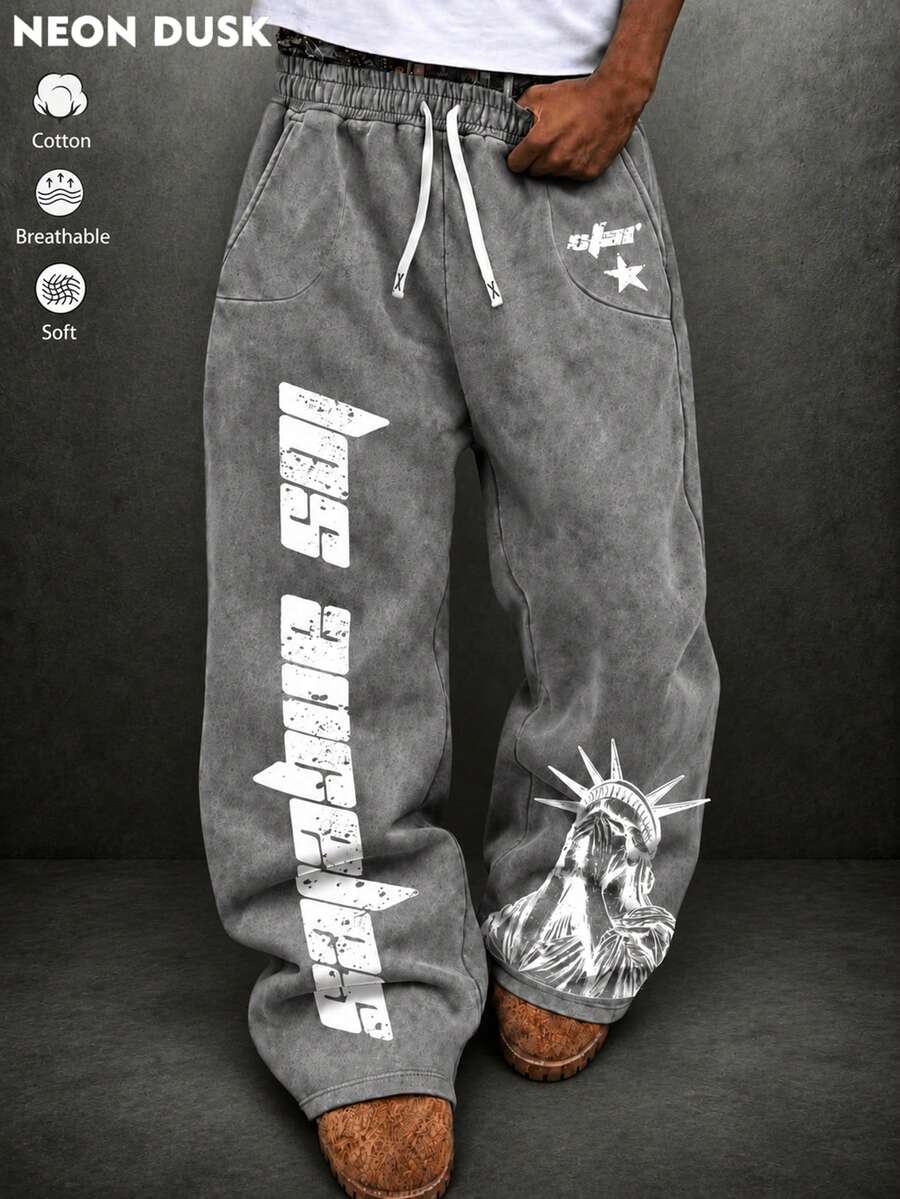 Men's Grey Letter Print Loose Sweatpants, Y2K Street Style, Suitable For Daily Wear And Hip-Hop Looks - Dark Grey - View 1