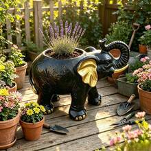 Large Elephant Resin Flowerpots, Windproof Animal-Shaped Pots, Decorative Garden Pots, Outdoor Garden Decor, Courtyard Balcony Home Decorations, Traditional Style - Black - View 2