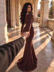 Women's Romantic Knit Fabric Long Formal Dress, Asymmetrical Neckline, Pearl Draping Decor, Mermaid Skirt - Brown - View 3