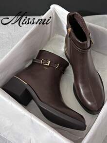 Vintage Flat Chelsea Ankle Boots For Women, Low Heel, Versatile Spring/Autumn Boots With Back Zipper - Brown - View 1