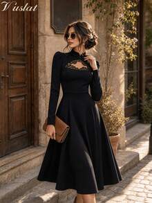 Vuslat Women's Winter New Chinese Style Stand Collar Frog Button Lace Hollow Long Sleeve Midi Dress For Evening Party, Date, Wedding Banquet - Black - View 5