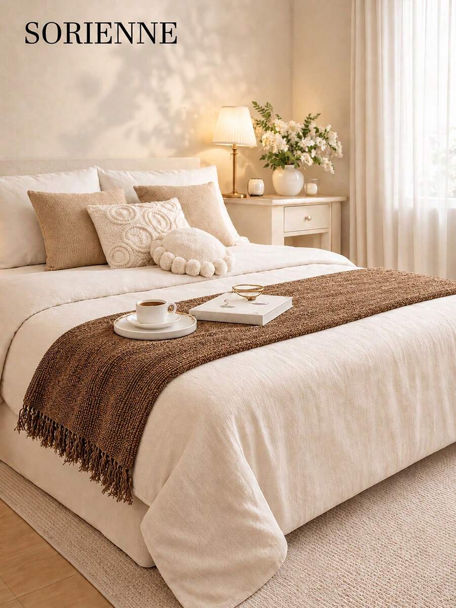 1pc Chenille Tassel Bed Runner, Stain-Resistant, Scratch-Resistant Home Decor, Suitable For All Seasons, Machine Washable, Hand Washable, For Living Room, Bedroom - Coffee Brown - View 1