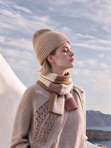 Women's Short Knitted Scarf, Cross-Knit Neck Warmer, Korean Style Colorblock Versatile Neck Protector, Autumn/Winter Woolen Beanie Hat, Japanese Style Solid Color Knitted Cold Weather Cap - A - View 13
