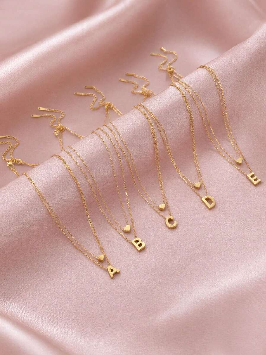 2pcs/set Women's Stainless Steel Minimalist 26 Initial Letter Name Necklace Set For Personalized Gift On Holiday - Style 1-Golden Yellow - View 1