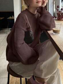 女款棕色荷葉邊袖口長袖復古針織毛衣上衣 寬鬆圓領針織套頭衫 深棕色復古休閒冬季上衣 - 棕色 - 查看 6