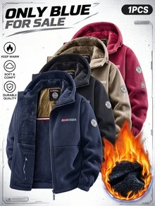 Men's Hooded Polar Fleece Warm Jacket, Thick Plush Lining Full Zip Winter Coat - Royal Blue - View 1