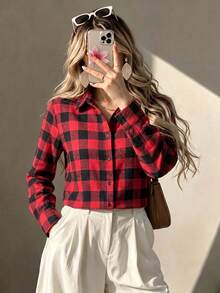 Women's Red Black Plaid Collared Long Sleeve Button Front Shirt Casual Home Office Work Daily Vintage Top Spring Summer Fall Winter - Red and Black - View 6