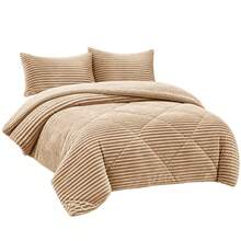 Striped Sherpa Comforter With Knitted Texture, Thick Soft Polyester Bedding Set, Thermal Quilt For Bedroom, Available In 220x240cm And 240x260cm - Dark Khaki - View 11