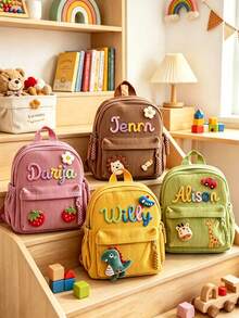 1pc Personalized Pink Customized Name Corduroy Backpack, Cute Student School Bag, Exquisite Embroidered Bag, Unique Back To School Birthday Gift, Aesthetic Retro Sweet Style, Chenille Applique - Multicolor - View 6