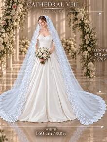 1pc Floral Lace Sequin Cathedral Style Bridal Veil, Long Wedding Veil With Metal Comb, Suitable For Bride - Multicolor - View 15