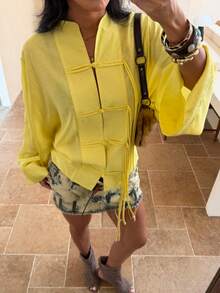 Women Chinese Frog Button Sheer Blouse, Long Sleeve Tie Front Loose Yellow Shirt, Casual Stand Collar See Through Top - Yellow - View 2