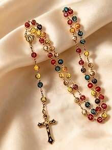 1pc Gorgeous Colorful Catholic Rose 8MM Rosary Beads, Decorated With Rose Beads, With Cross Pendant. Bohemian Style Handmade, Suitable For Prayer And Wearing In Various Daily Gatherings - Colorful - View 2