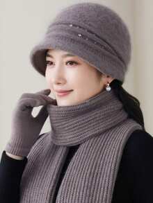 1pc Elegant Ladies Fuzzy Knit Hat, Rhinestone Embellished Curved Brim Bucket Beanie Thick Windproof Winter Bucket Hat For Middle-Aged Elderly Women - MZY2614 Rhinestone Bucket Hat for Middle-aged Adults - View 6