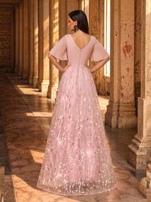 UNITHORSE V領蕾絲袖抓褶亮片正式派對洋裝 - 藕粉色 - 查看 3