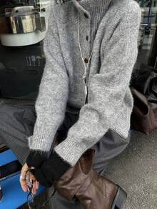 Women's Casual Cute Y2K Minimalist Stand Collar Button Knit Cardigan Jacket, Autumn/Winter Outfit For Going Out, Back To School, Date And Commute - Grey - View 4