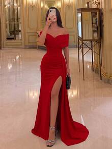 ADYCE Elegant One-Shoulder Criss-Cross V-Neck Pleated High-Waist Long Ribbon High-Slit Backless Floor-Length Ball Gown, Red, Suitable For Wedding Party Autumn - Red - View 1