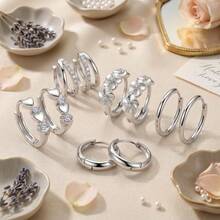 5 Pairs Silvery Hoop Earrings Set, Rhinestone Heart & Flower Decor Huggie Earrings, Minimalist Metal Circle Ear Jewelry For Women Daily Party Gift - Silver - View 6