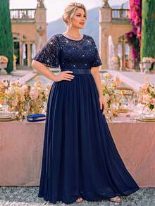 Plus Sequin Floral Lace Butterfly Sleeve Chiffon Pleated Hem Evening Party Long Dress, Wedding Guest Dress, For Birthday, Prom, Dinner, Festivals - Navy Blue - View 5