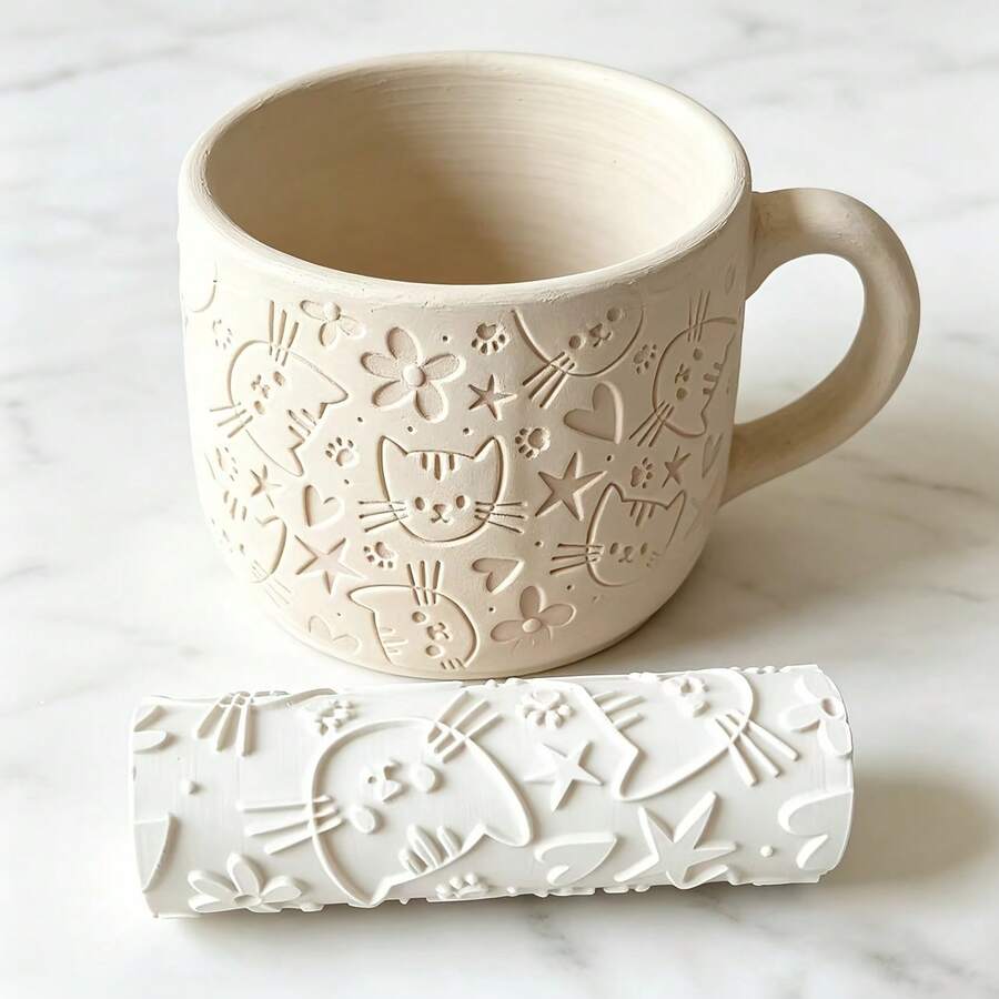 1pc Cute Cat Heart Star Embossed Hollow Roller Stamp, Handmade Pottery ...