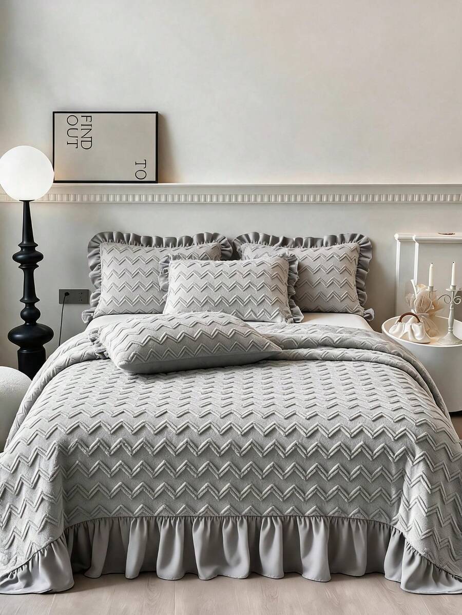 1 Piece Embossed Bedspread Set, Soft Ruffled Trim Quilted BedSpread With Pillow Case Made In Turkey Only - Light Grey - View 1