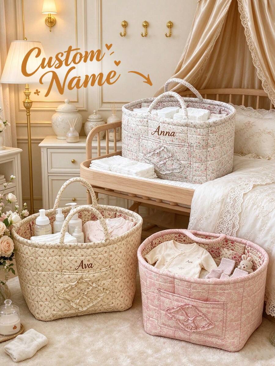 Personalized Floral Quilted Storage Basket, Foldable Storage Tote With Handle, Multifunctional Home Organizer For Toys Cosmetics Laundry, Decorative Custom Gift Basket - Multicolor - View 1