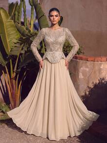 LUVISTRUE Women Elegant Romantic Maxi Dresses Zipper Lace Sequin Patchwork Formal Evening Party Cocktail Wedding Guest Gala Prom Gowns - Beige - View 1