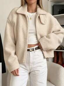 Women's Solid Color Plush Zip-Up Jacket, Fuzzy Fleece Coat For Autumn/Winter, Office, Daily Wear, Airport Outfit - Off White - View 3