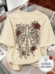 1pz Playera holgada para mujer cómoda con estampado de esqueleto floral estilo gótico aesthetic camiseta casual para Halloween y Día de Muertos - Albaricoque - Ver 2