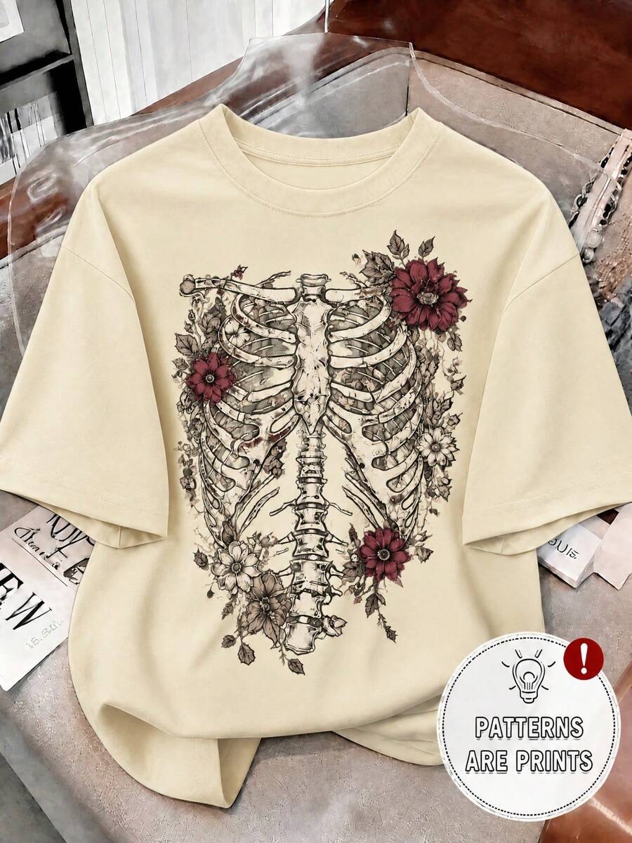1pz Playera holgada para mujer cómoda con estampado de esqueleto floral estilo gótico aesthetic camiseta casual para Halloween y Día de Muertos