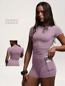 PinkTip Basic Top And Shorts Set, High-Waisted Loose Fit, Casual And Fitness Essential Item For Summer Sports - Pink - View 1