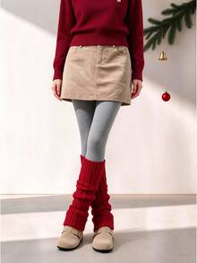 Christmas Thermal Lined 2pcs Set Light Gray Solid Color Thermal Lined Tights + Red Cable Knit Leg Warmers Autumn/Winter Warm Knit Leggings Set - Multicolor - View 5