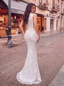 Elegant High Neck Mermaid Style Evening Gown, Embellished With Beaded Design, Fitted Silhouette White - White - View 2
