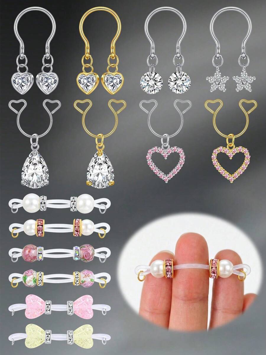 CIZME 1 Pair Cute Stainless Steel Fake Nipple Rings, Women's Fake Nipple Piercing Jewelry, No Piercing Required, Dangle Heart-Shaped Zirconia Nipple Rings - Fake Nipple Rings-a - View 1