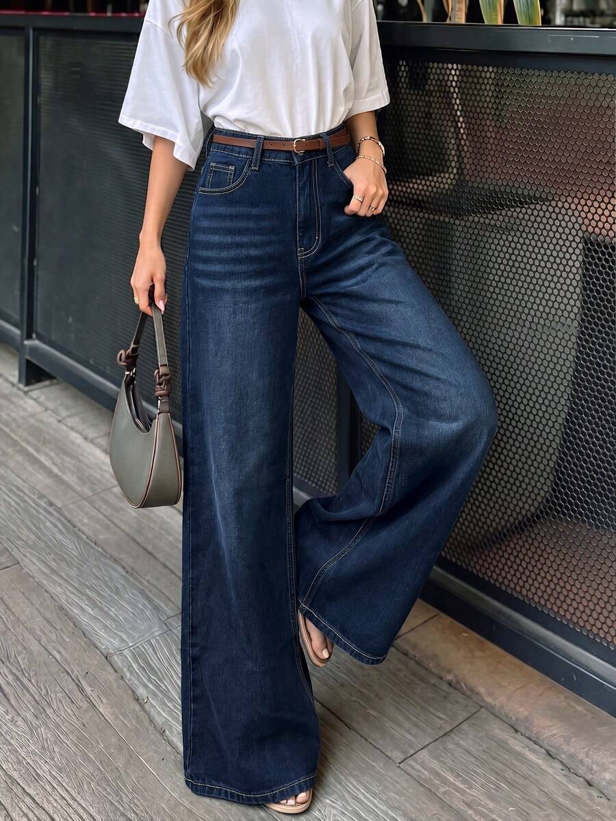 Women's Deep Blue Washed Wide Leg Jeans, Mid-High Waist Versatile Drape Loose Fit Extended Flare Denim Pants, Autumn/Winter New Style