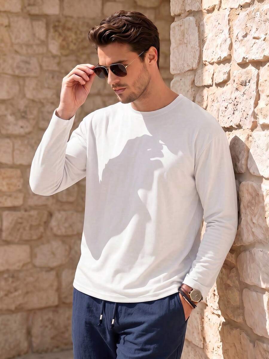 ALTZTAR Men's Solid Color Crew Neck Long Sleeve Casual Versatile T-Shirt - White - View 1