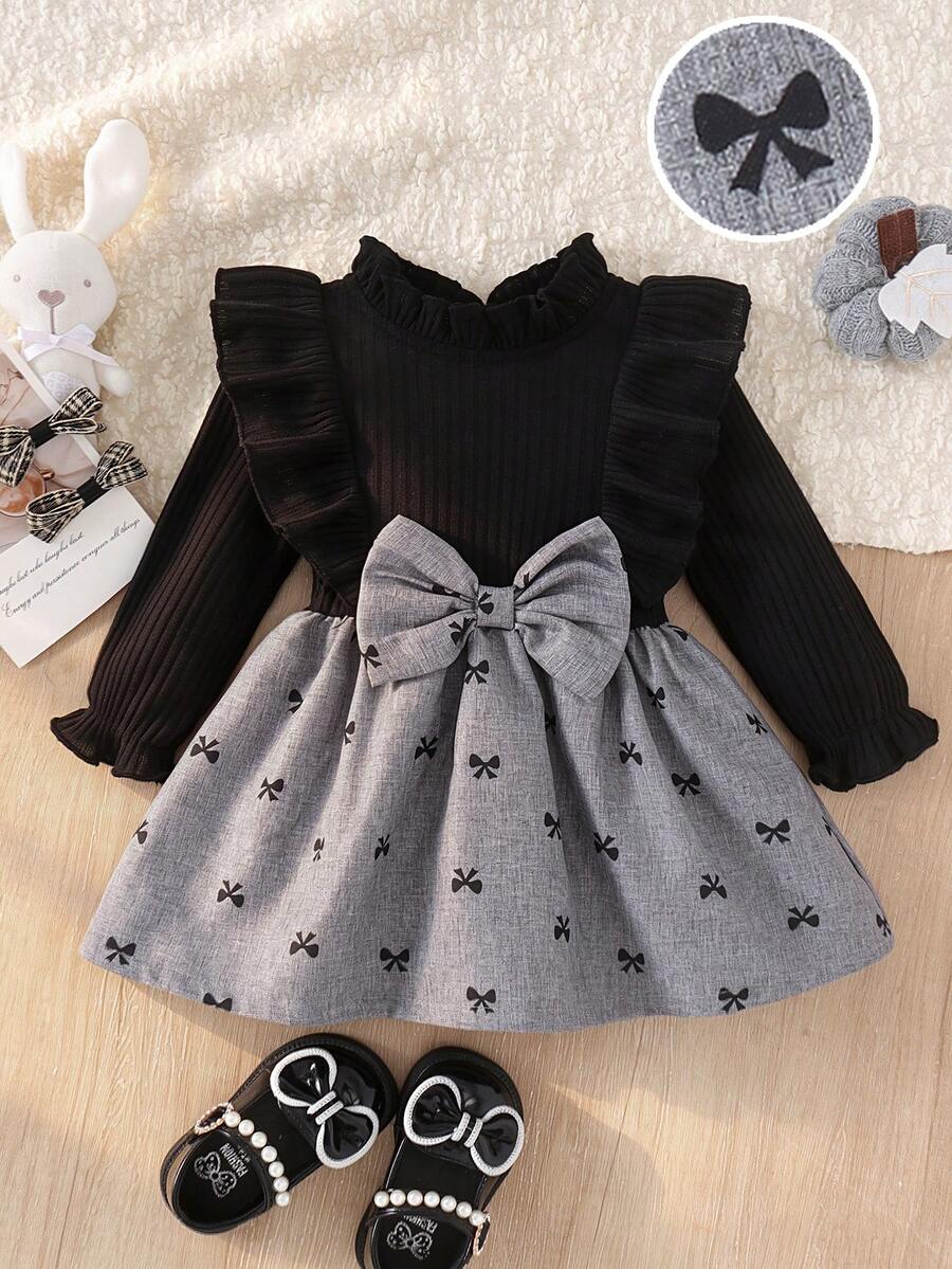 1pc Baby Girl Cute Elegant Ribbed & Printed Fabric Long Sleeve Dress, Thin For Spring/Autumn Party - Black - View 1