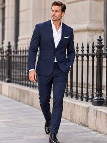 Men's Suit Blazer Polyester For Men Casual 2 Pieces Jacket Tie Set Long Sleeves VersatileSingle Breasted Slim Fit Wedding Party Business Prom Commute - Navy Blue - View 12