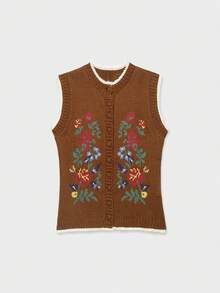 YROOE Women's Colorblock Round Neck Lace Patchwork Floral Jacquard Knit Vest, Autumn/Winter - Multicolor - View 2