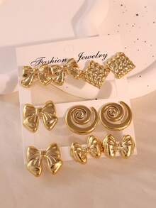 5 Pairs Gold Bow/Spiral/Diamond Stud Earrings Set, Autumn/Winter Bestseller - Gold - View 3